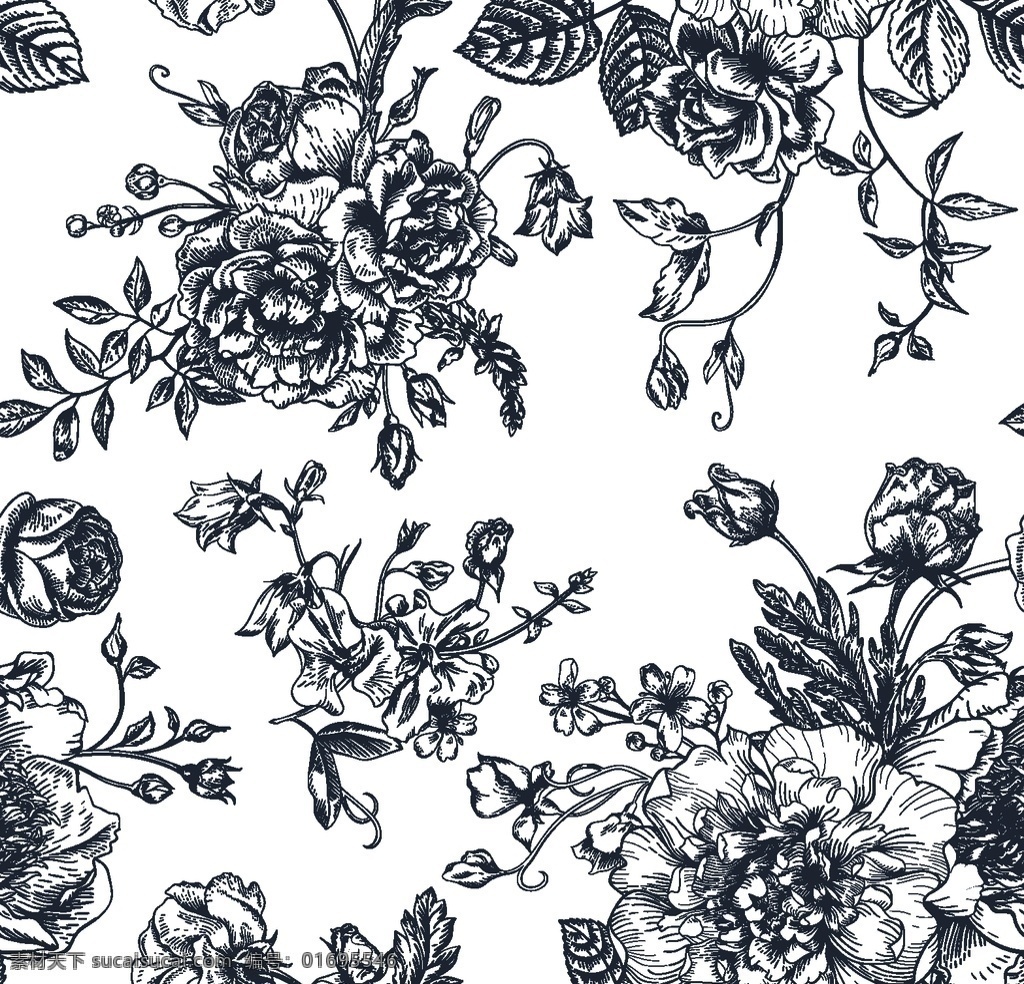 手绘花 手绘 线条 花朵 黑白 印花 服装设计