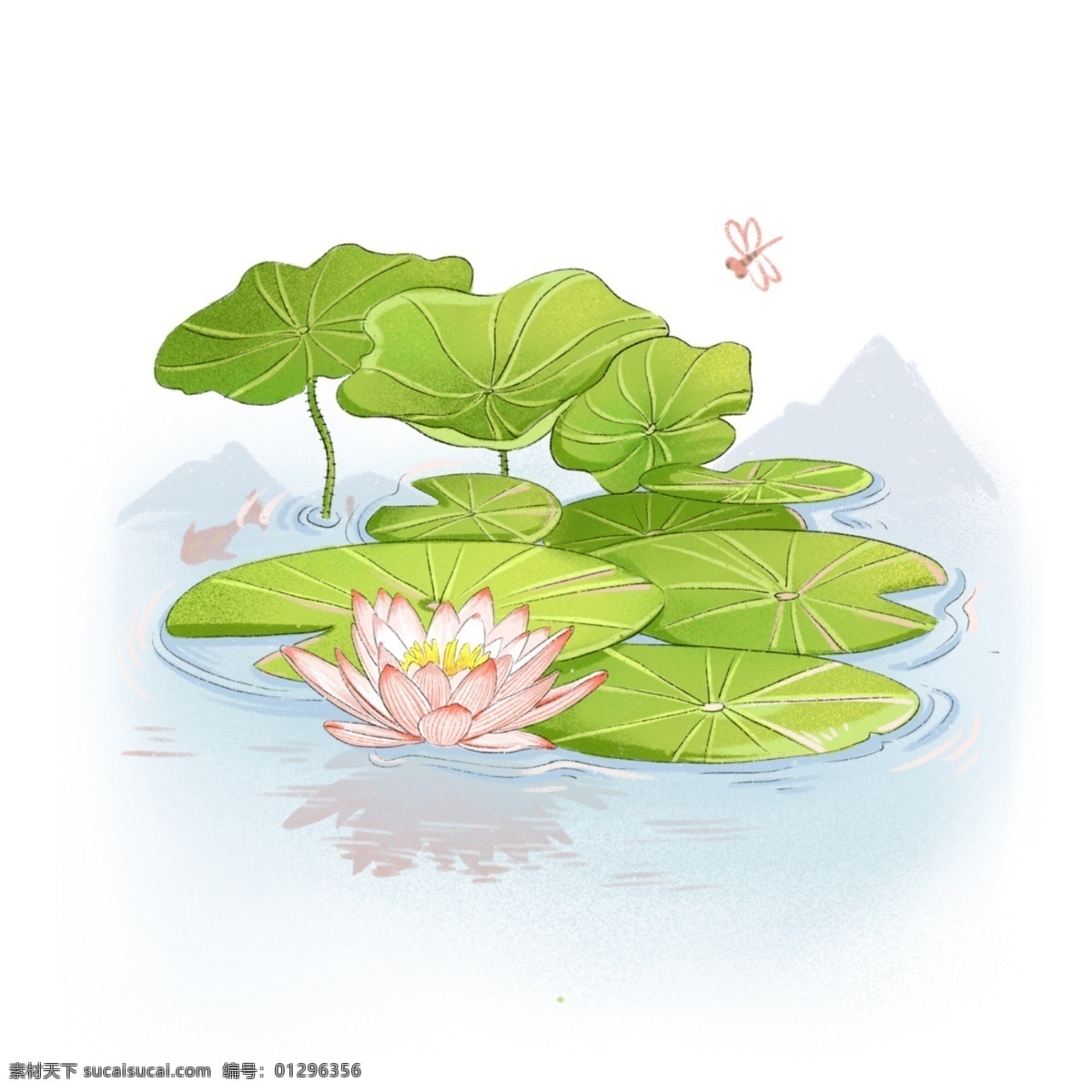 荷花 荷叶 夏季 清新 花苞 夏日 蜻蜓 倒影 青山绿水 锦鲤 噪点画风 粉色 清凉 插画 中国风 蓝色水