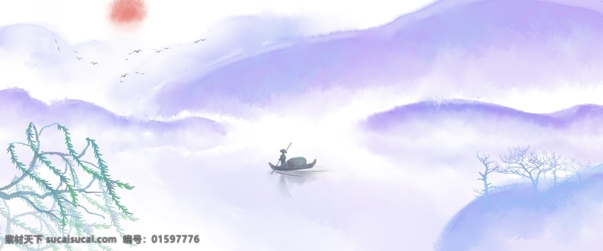 卡通 手绘 划船 人 卡通手绘 水彩 山水画 青山绿水 中国风 不清新 唯美 山峰 划船的人 树 柳树 鸟