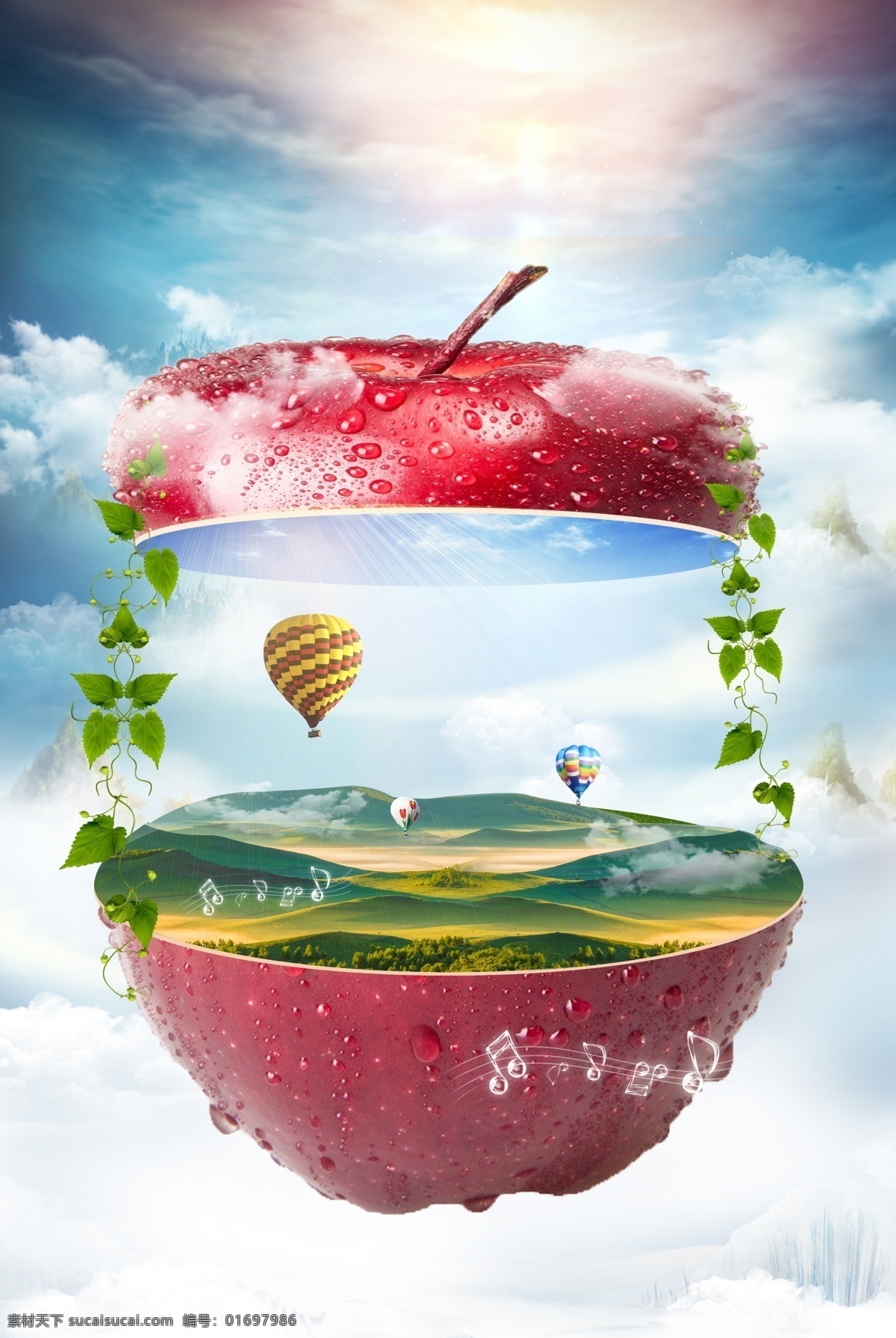 创意 合成 食物 背景 天马行空 星空 苹果 山脉 绿色 树叶 热气球 音符