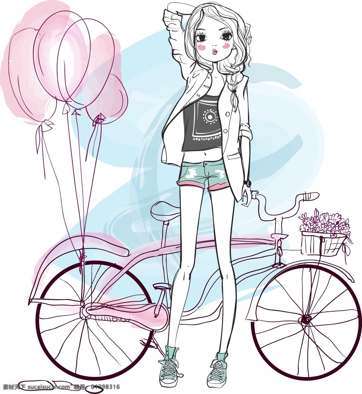 自行车 女孩 漫画图片 手绘 卡通 气球 矢量 高清图片