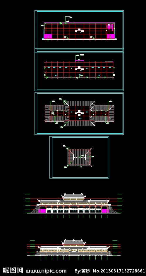 古建筑 长廊 效果图 cad 图 平面图 立面图 剖面图 施工图纸 cad设计图 源文件 dwg