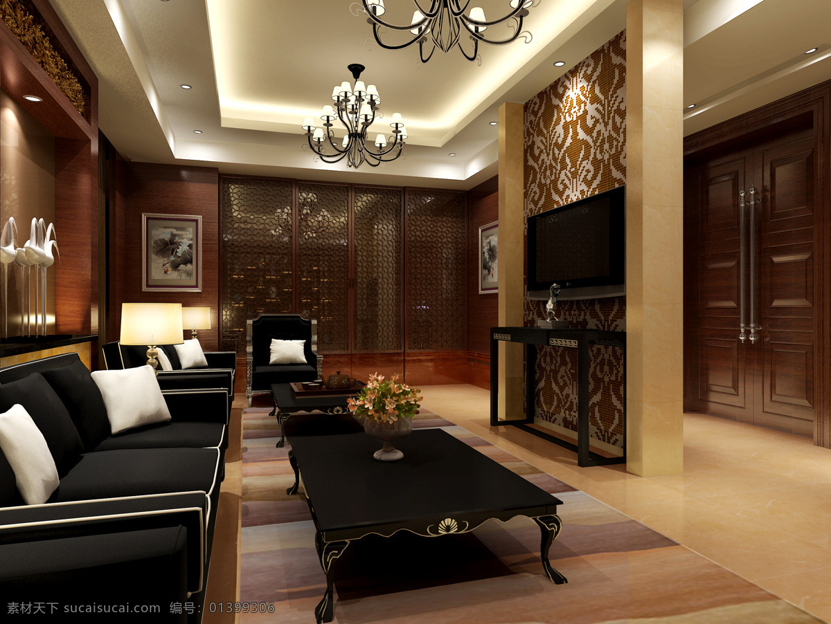 酒店 客房 效果图 高档 吊灯 欧式 沙发 靠垫 室内设计 环境设计