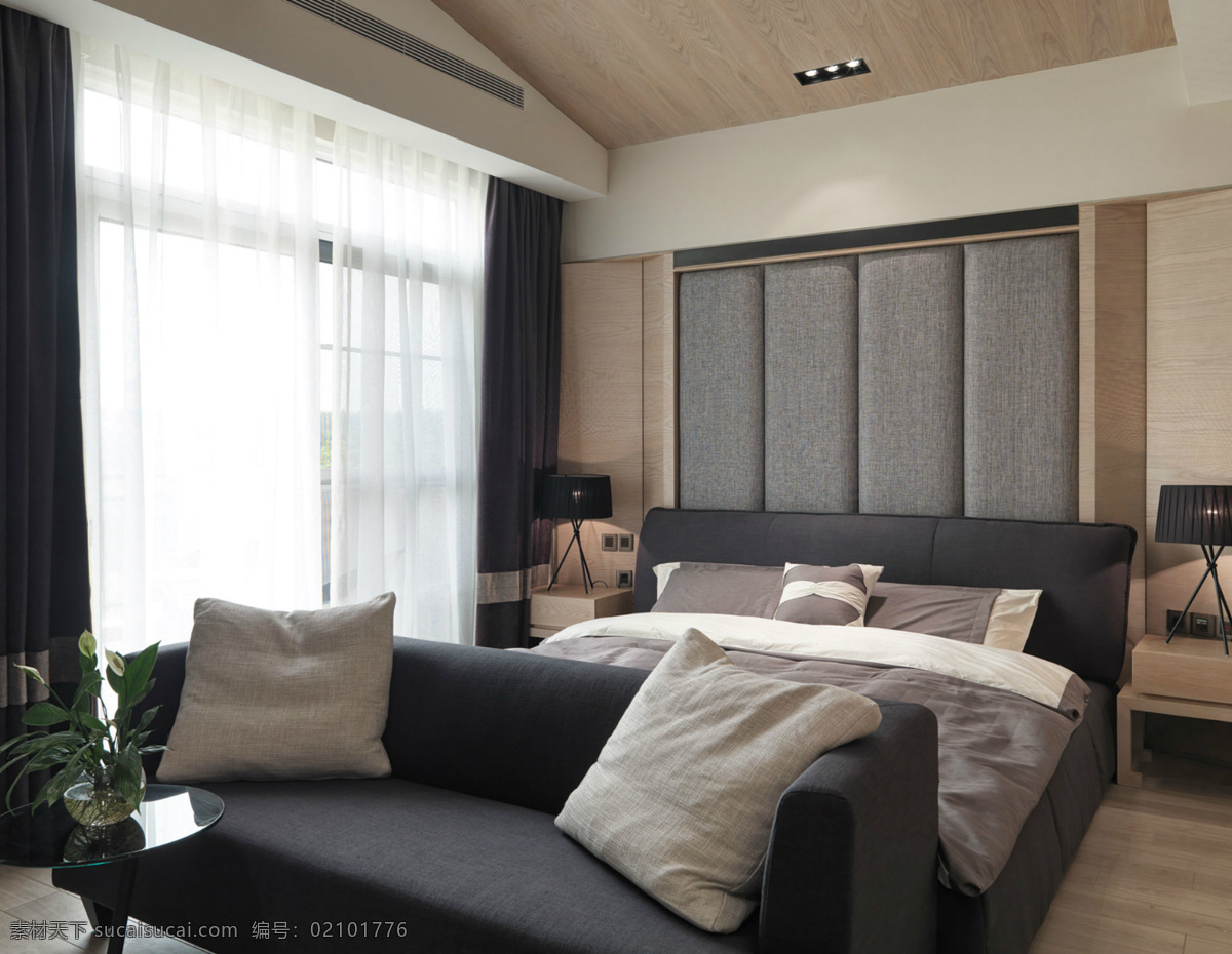 港式 极 简 卧室 深灰色 棉麻 沙发 室内装修 效果图 卧室装修 木地板 褐色背景墙 浅褐色床头柜