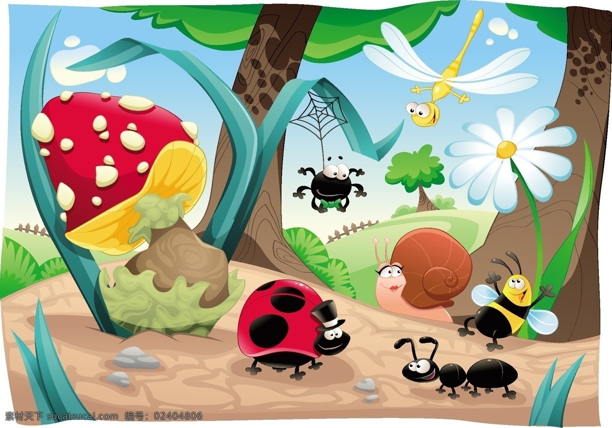 卡通 森林 昆虫 插画 矢量图 卡通矢量插画 蘑菇 蜻蜓 蜜蜂 蚂蚁 瓢虫 蜘蛛 菊花 蜗牛 草地 生物世界