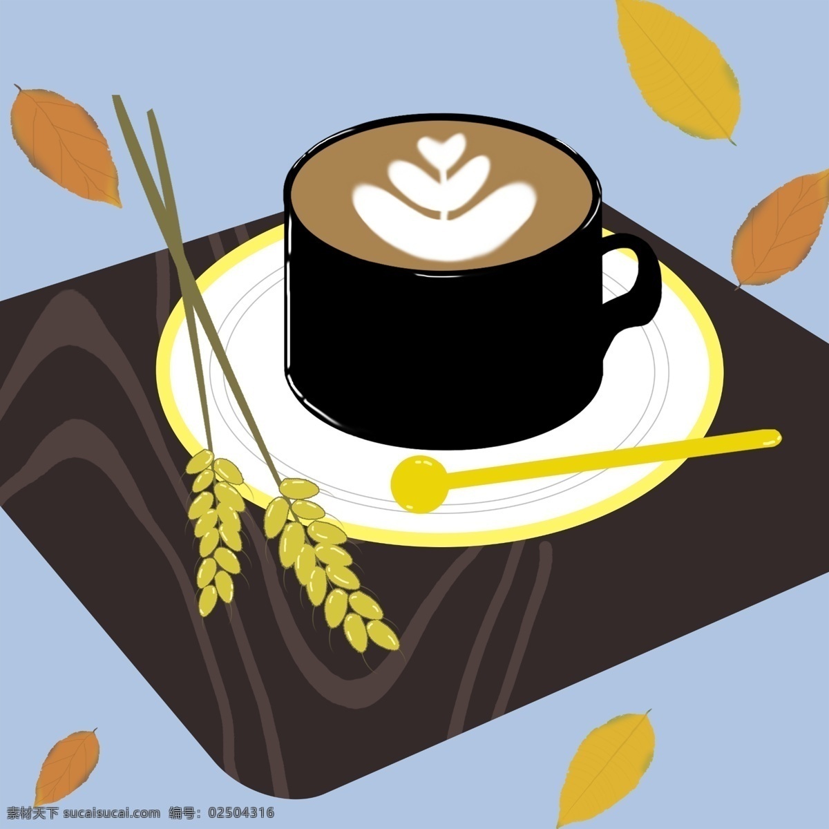 咖啡图片 卡通 手绘 分层 配图 咖啡 小麦 树叶 秋天 插画 装饰 肌理 300分辨率 商务金融 商业插画