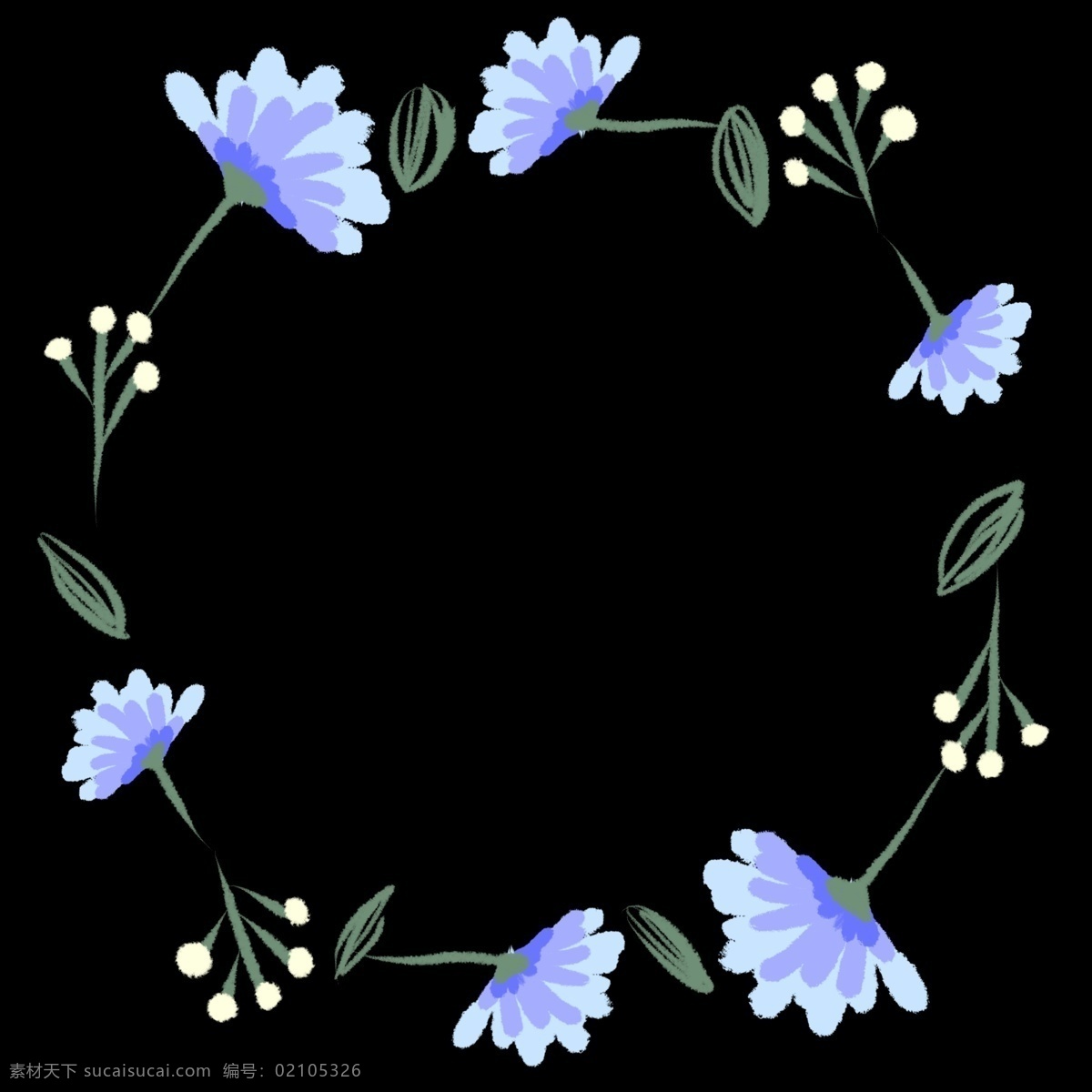 紫色 小花 花环 插画 紫色的小花 绿色的叶子 创意花环 立体花环 拼接花环 圆形花环 植物花环
