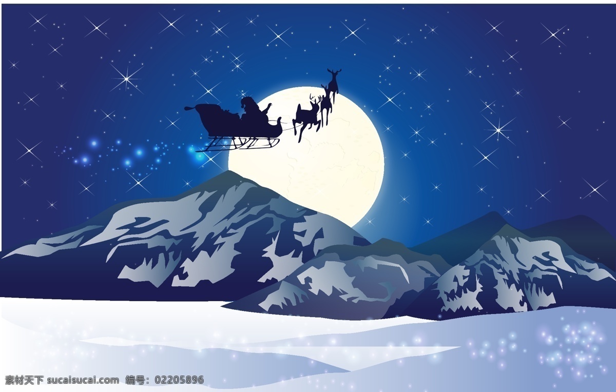 圣诞节 宣传海报 矢量 背景 麋鹿 圣诞老人 星星 雪山 月亮 雪橇车 宣传单 彩页 dm