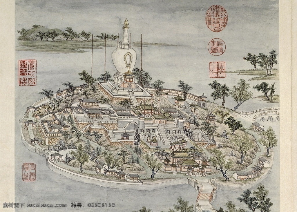 琼岛春荫 燕山八景 清 张若澄 绢本 设色 国画 高清 水墨 印章 老北京 绘画书法 文化艺术