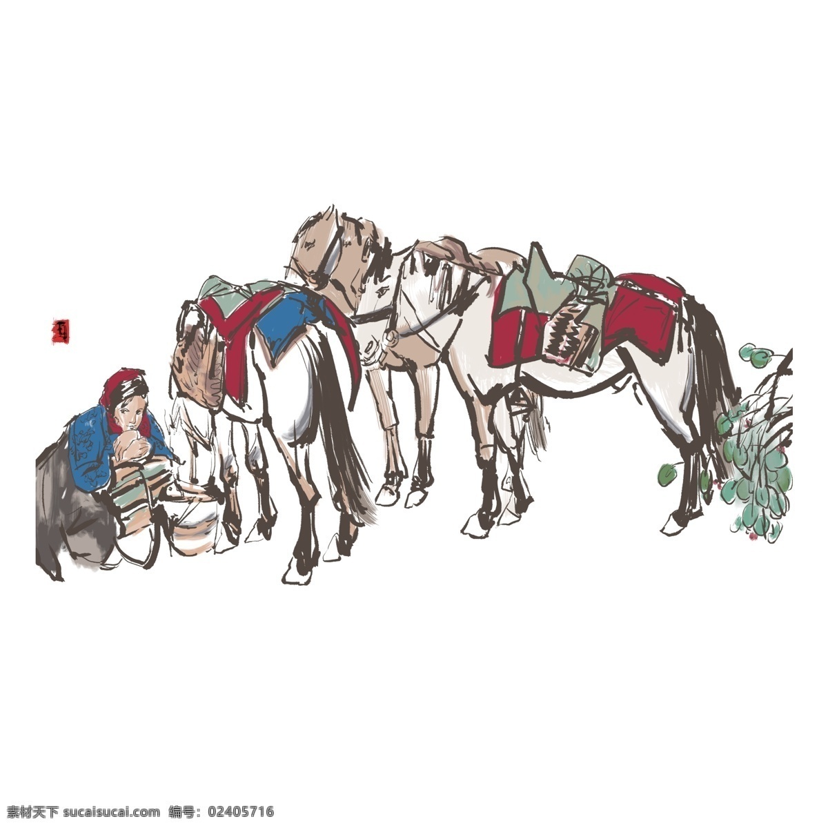 传统 古风 养 马 插画 元素 彩色 创意 绘画 养马 养马图 马鞍 穿着 服饰 活动 古典 牧马图