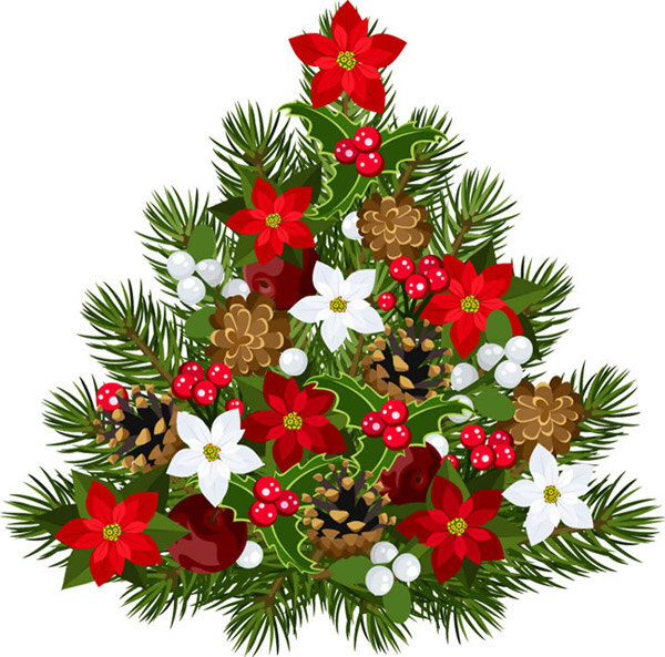 花卉 装饰 圣诞树 矢量 一品红 圣诞节 松果 松树 白色