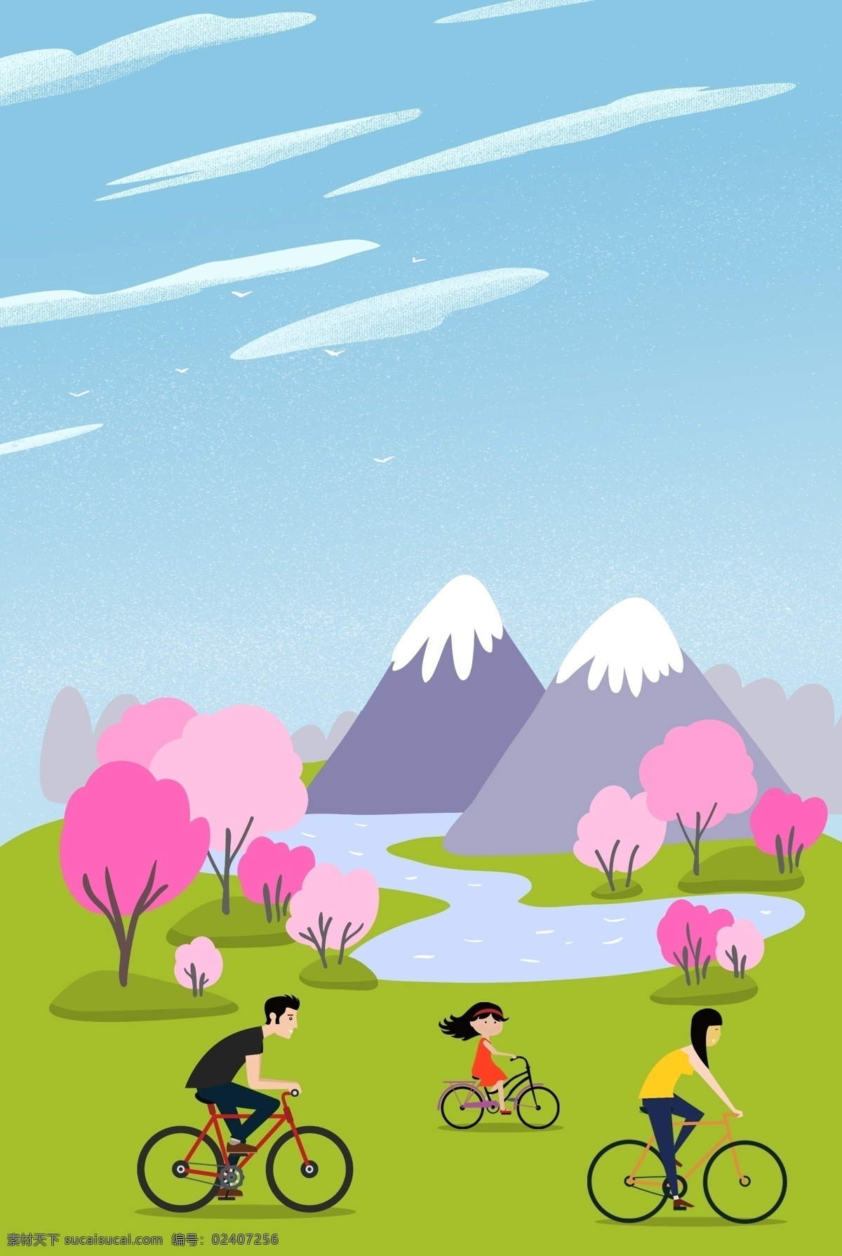 卡通 清新 春季 骑 行 踏青 插画 背景 图 春天 骑行 春季旅行 春天来了 春暖花开 春季背景 踏青背景
