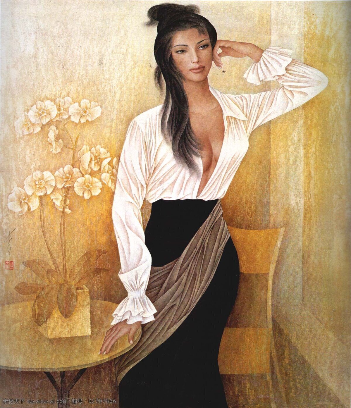 工笔画 中国工笔画 美女 花 椅子 背景 文化艺术 绘画书法 设计图库