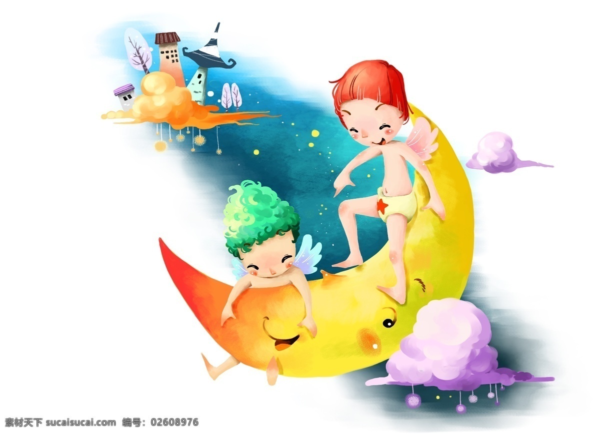 快乐 儿童 分层 文件 源文件 psd源文件 房屋 快乐儿童 树 星星 月亮 云