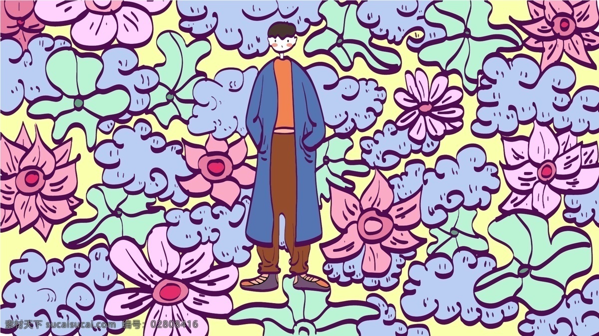 森 系 帅气 男孩 可爱 花朵 小清新 插画 装饰画 帅气男孩 森系男孩 呆萌 高大 长衣 云朵 植被 渐变 治愈系 萌萌的 咔通人物 手绘 矢量 海报 壁纸 背景 配图 文章配图 手机壁纸 朋友圈配图