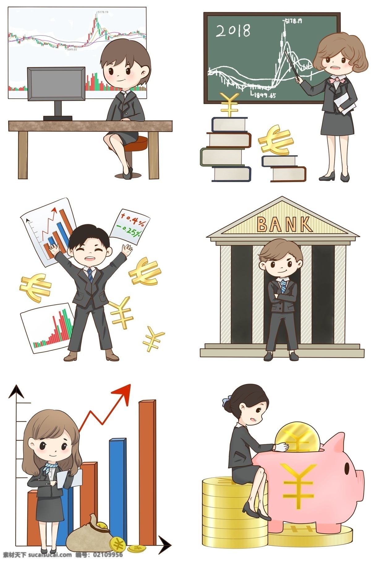 手绘 金融 人物 插画 金融人物 短发女士 人民币符号 银行 书本 书籍 分析曲线 电脑 办公桌 金融插画