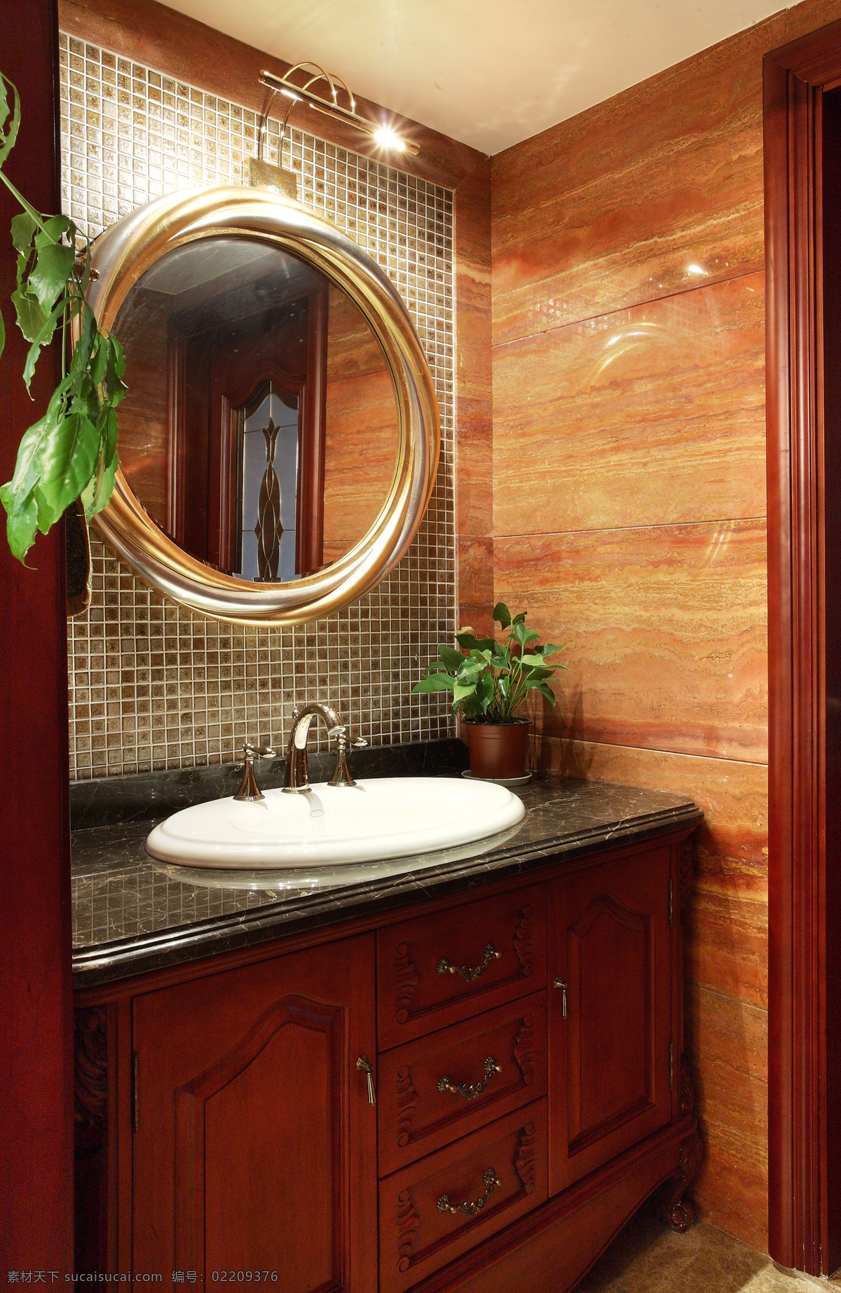 中式 浴室 木材 纹理 墙面 室内装修 效果图 圆形镜面 马赛克墙面 洗手池 木柜子 小盆栽