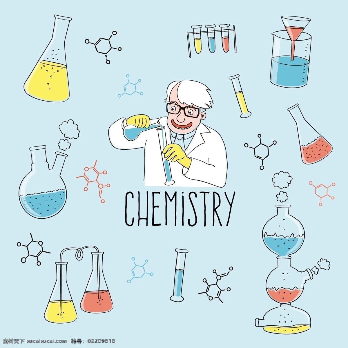 科学实验 科学研究 医学研究 医学实验 化学研究 化学实验 实验室 科研人员 实验器皿 试管 烧杯 量筒 化学试剂 科研器材 卡通设计