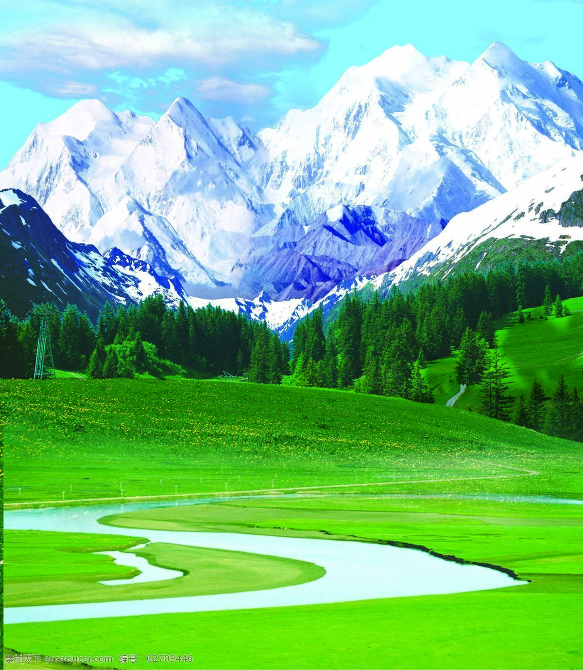 美丽风景 风景 雪山 草地 河流 蓝天 白云 设计素材 自然景观 自然风景 摄影图库
