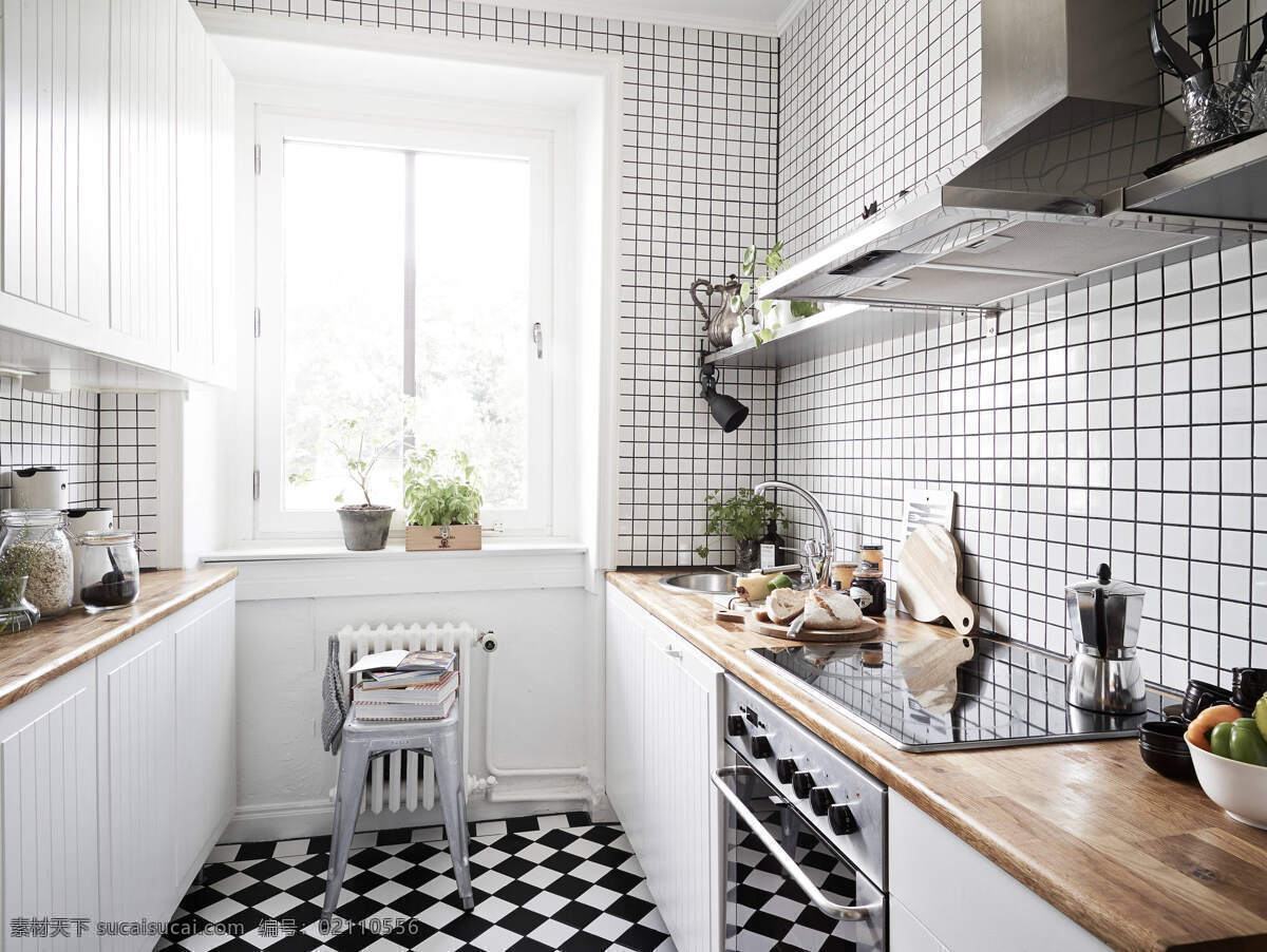 简约 时尚 厨房 格子 地板 装修 效果图 白色橱柜 白色柜门 大理石 黄色 台面 窗户 油烟机