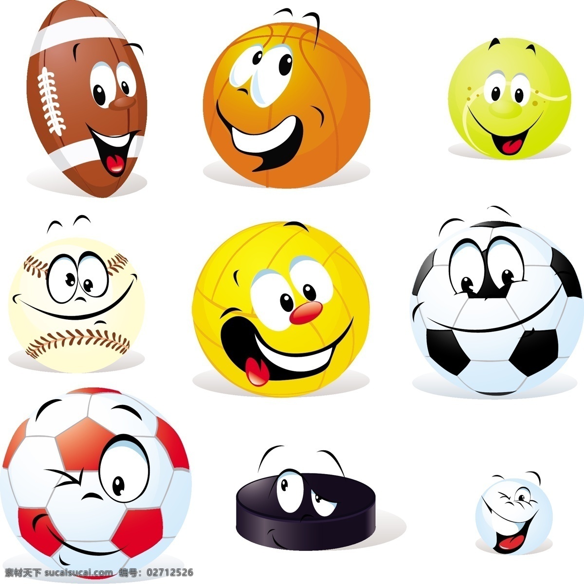 卡通 体育用品 表情 橄榄球 篮球 足球 排球 乒乓球 笑脸 有趣 可爱 滑稽 幽默 手绘 矢量 蔬菜水果 卡通设计