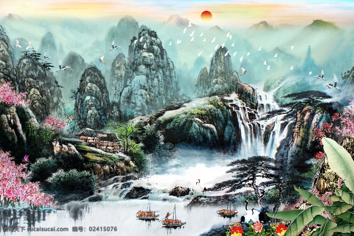 日出 东方 山水画 壁纸 背景墙 壁画 水墨