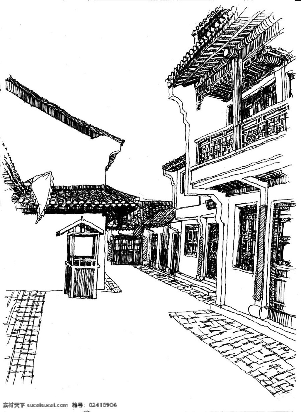 线描古街 插画 插图 低碳 房子 古镇 绘画 绘画书法 线描 素描 石板路 休闲 瓦房 文化艺术 插画集