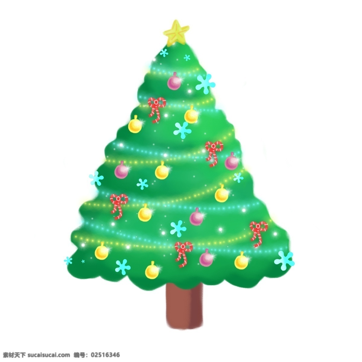 圣诞节 手绘 插画 圣诞树 彩球 灯带 冬天 可爱 雪花 树