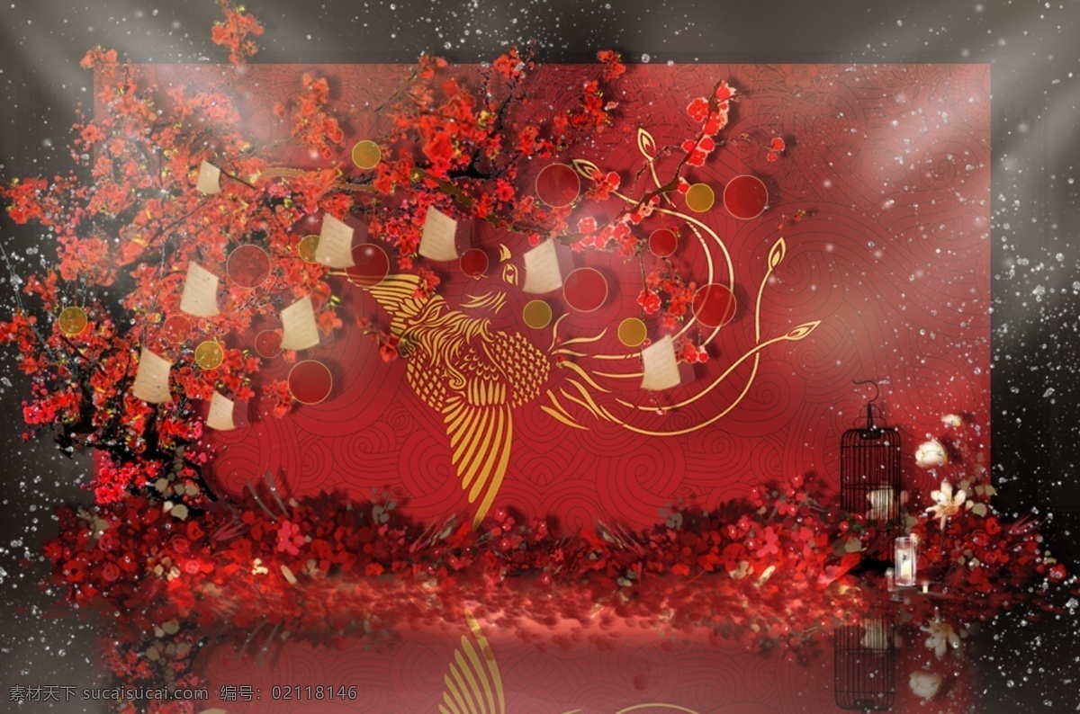 中式 红色 婚礼 迎宾 区 效果图 梅花树 鸟笼 中式迎宾区 凤凰图案 红色迎宾区