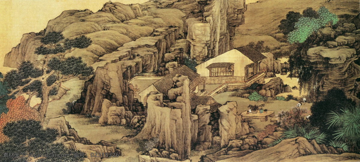 国画 国画艺术 中国风 文化画 中国画 水墨画 山坡 房屋 树木 耕作的人们 水墨 绘画书法 文化艺术