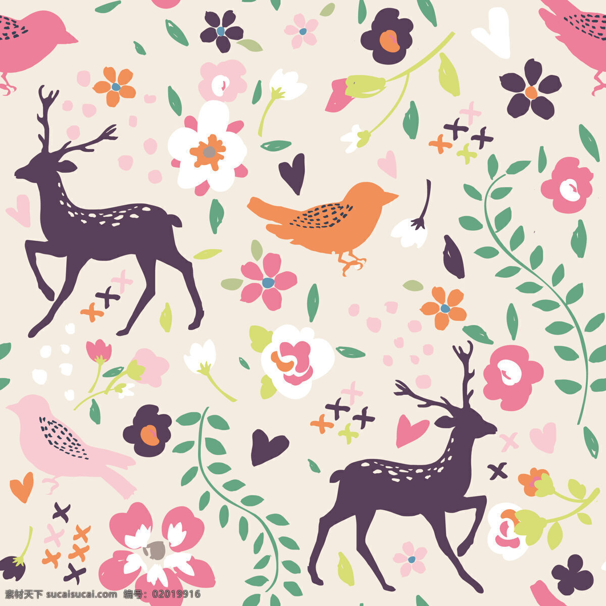 粉色 清纯 时尚 麋鹿 壁纸 图案 装饰设计 浅粉底色 壁纸图案 粉色花朵 绿色树叶