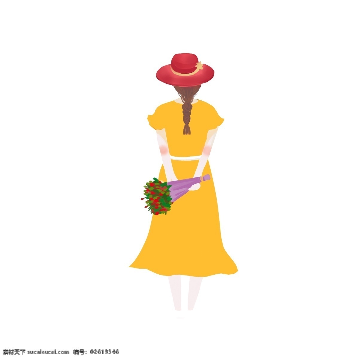 穿 黄色 长裙 女生 卡通 元素 黄色裙子 戴帽子 手拿花束