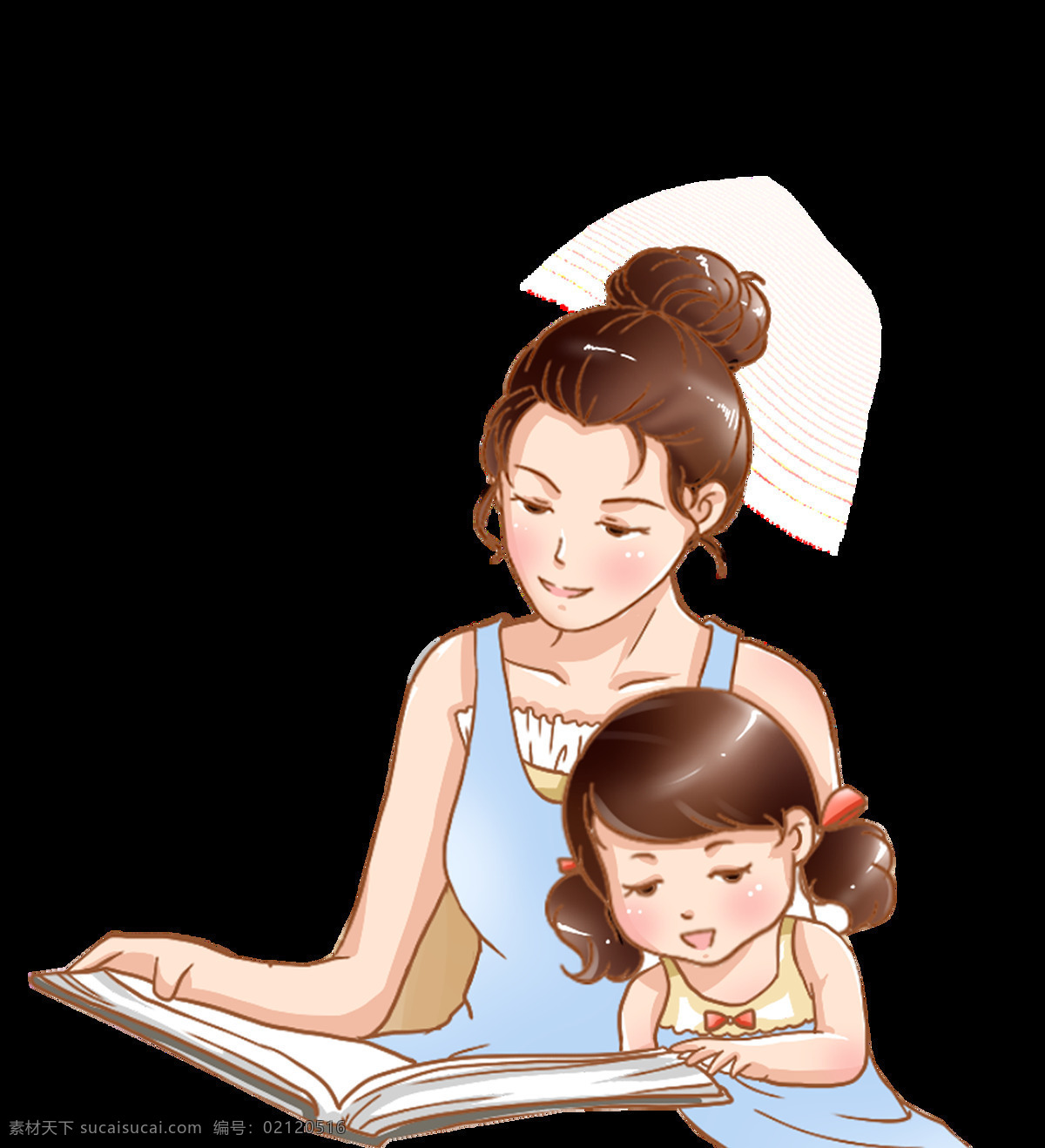 手绘 卡通 母亲 孩子 读书 装饰 母亲节 可爱 时尚 陪读