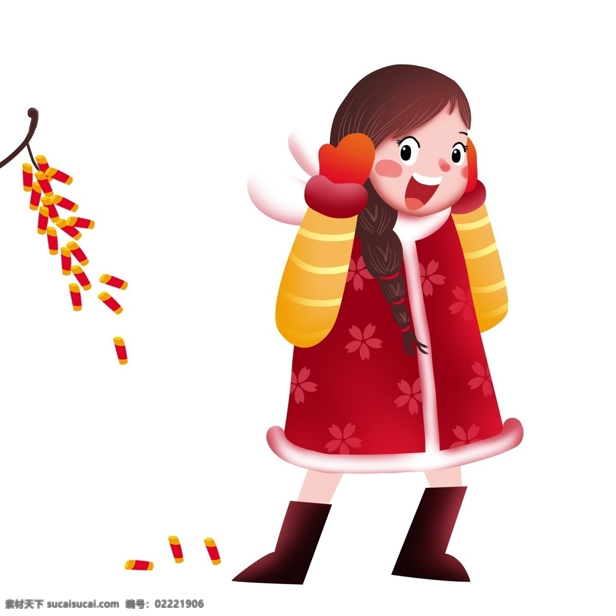 新年 放 鞭炮 小女孩 新年人物插画 红色的鞭炮 漂亮的小女孩 鞭炮装饰 红色的爆竹 红色的手套