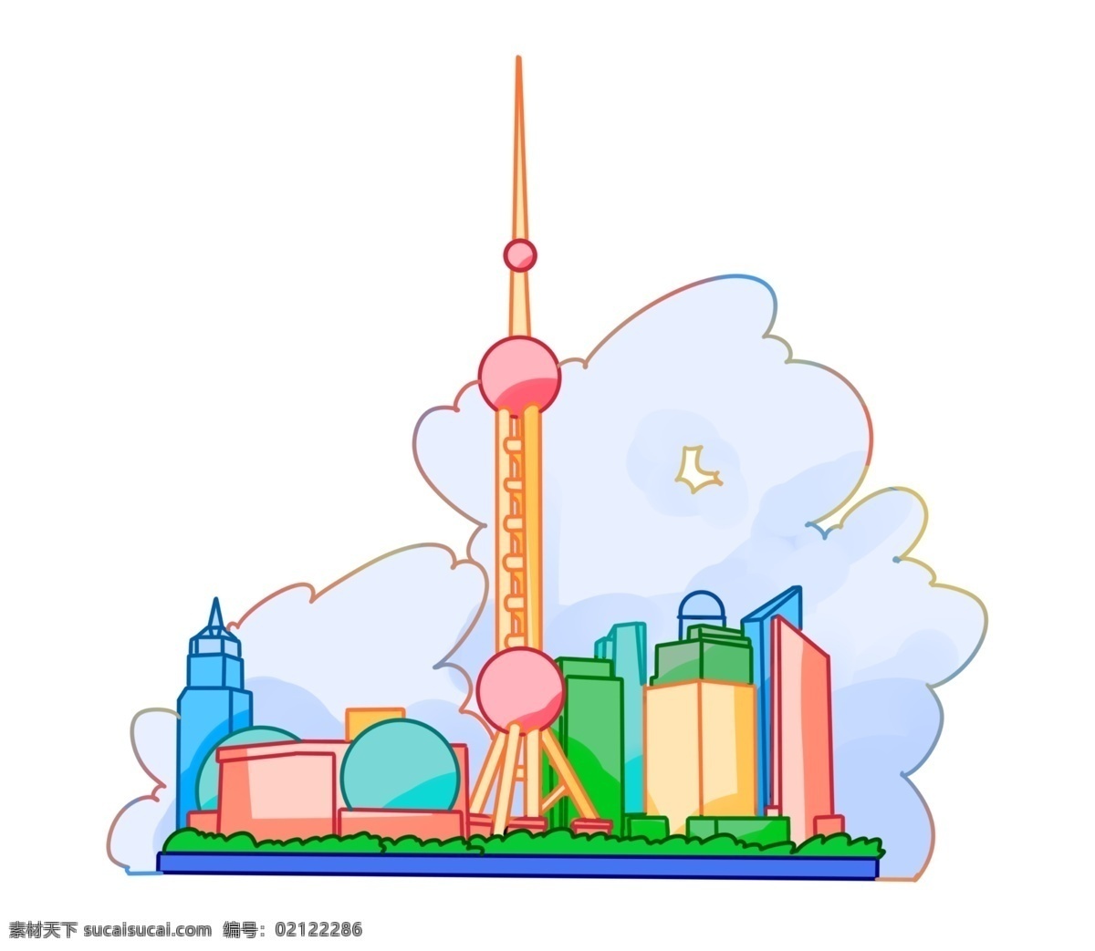 手绘 旅游 城市 上海 插画 东方明珠 美丽的城市 卡通插画 手绘城市插画 旅游城市插画 高大的建筑 开放的城市