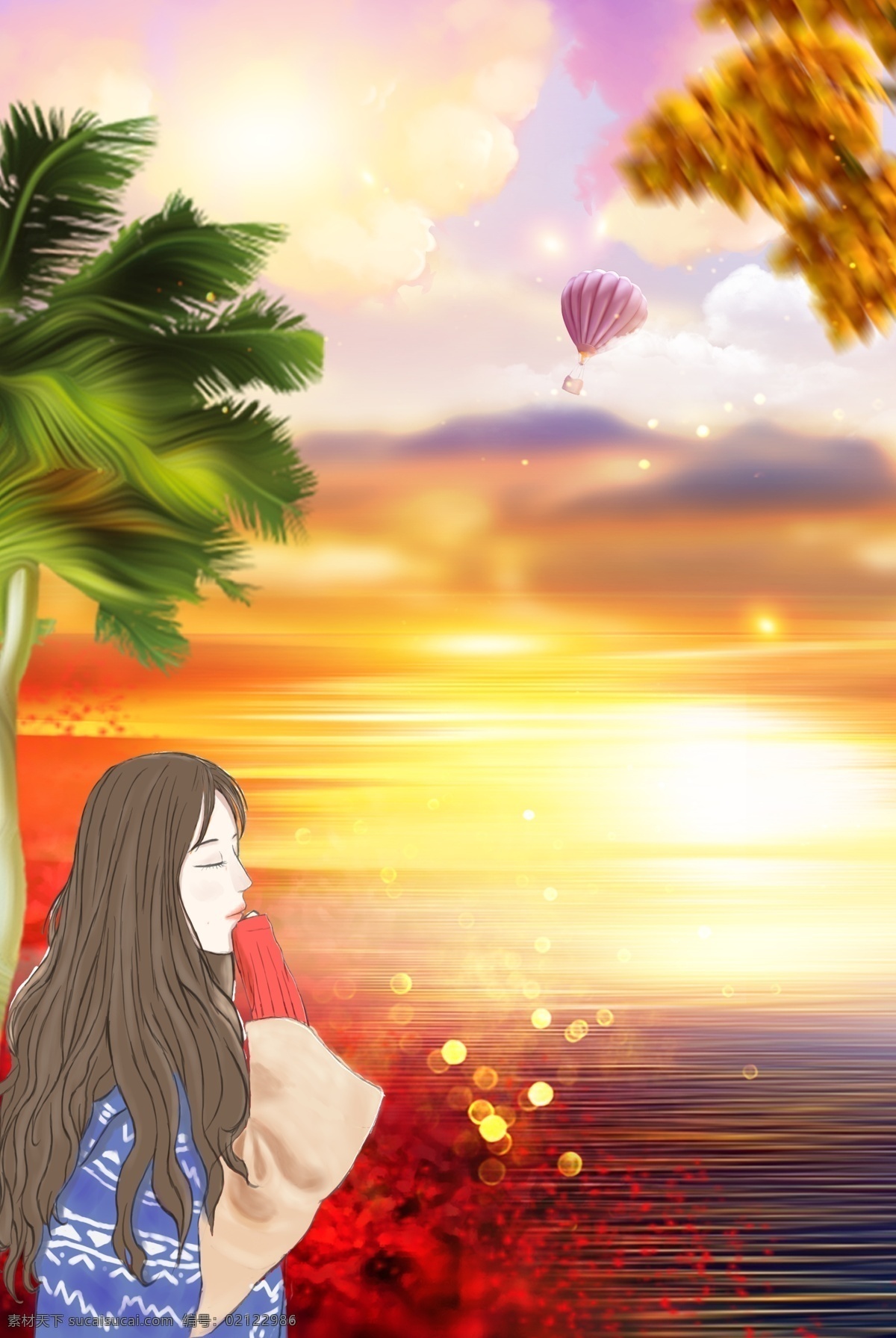 九月 你好 秋天 唯美 海报 文艺 清新 秋季 植物 落叶 女孩 海面 椰子树