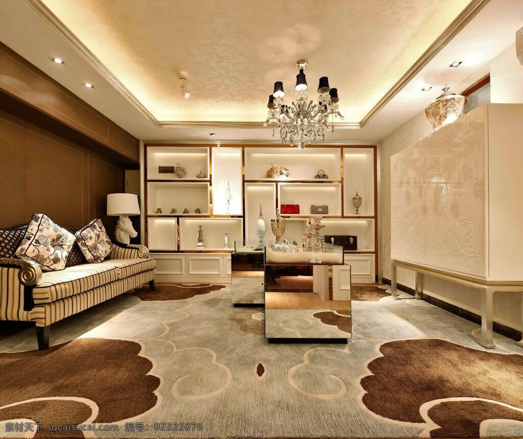 宽敞 低 奢 欧式 客厅 效果图 印花地毯 水晶灯 布艺沙发 室内装修 射灯 印花抱枕