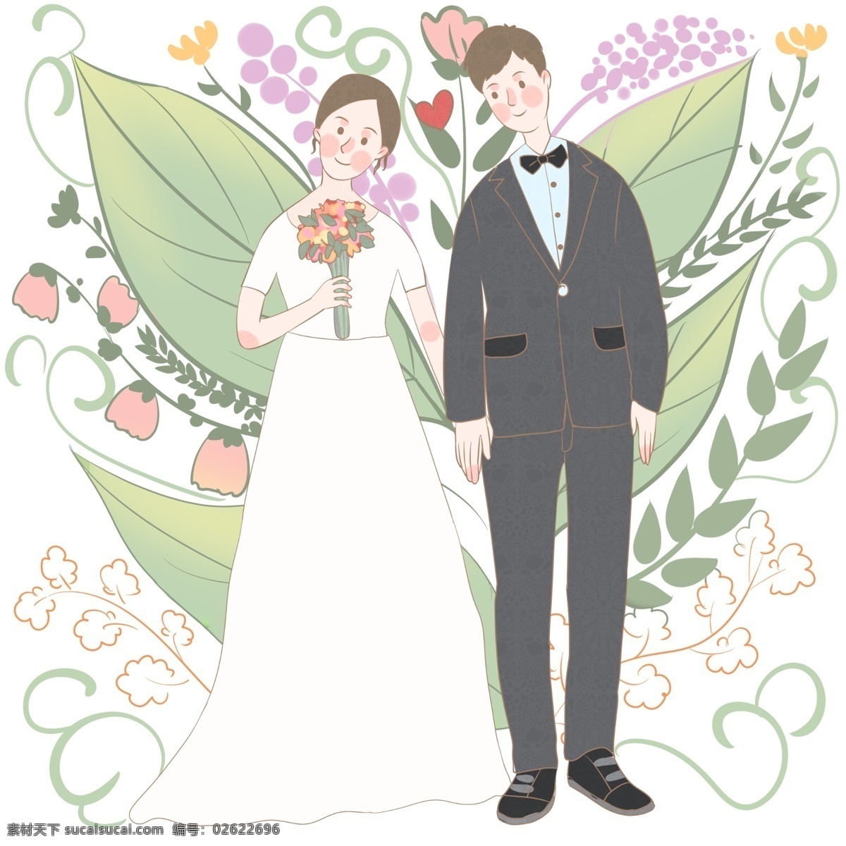 新婚 幸福 绿意 盎然 生机勃勃 情人节 捧花 领结 绿色树叶 浪漫 新娘白色婚纱 亲密牵手 黑色西装 紫色小花 粉色花朵