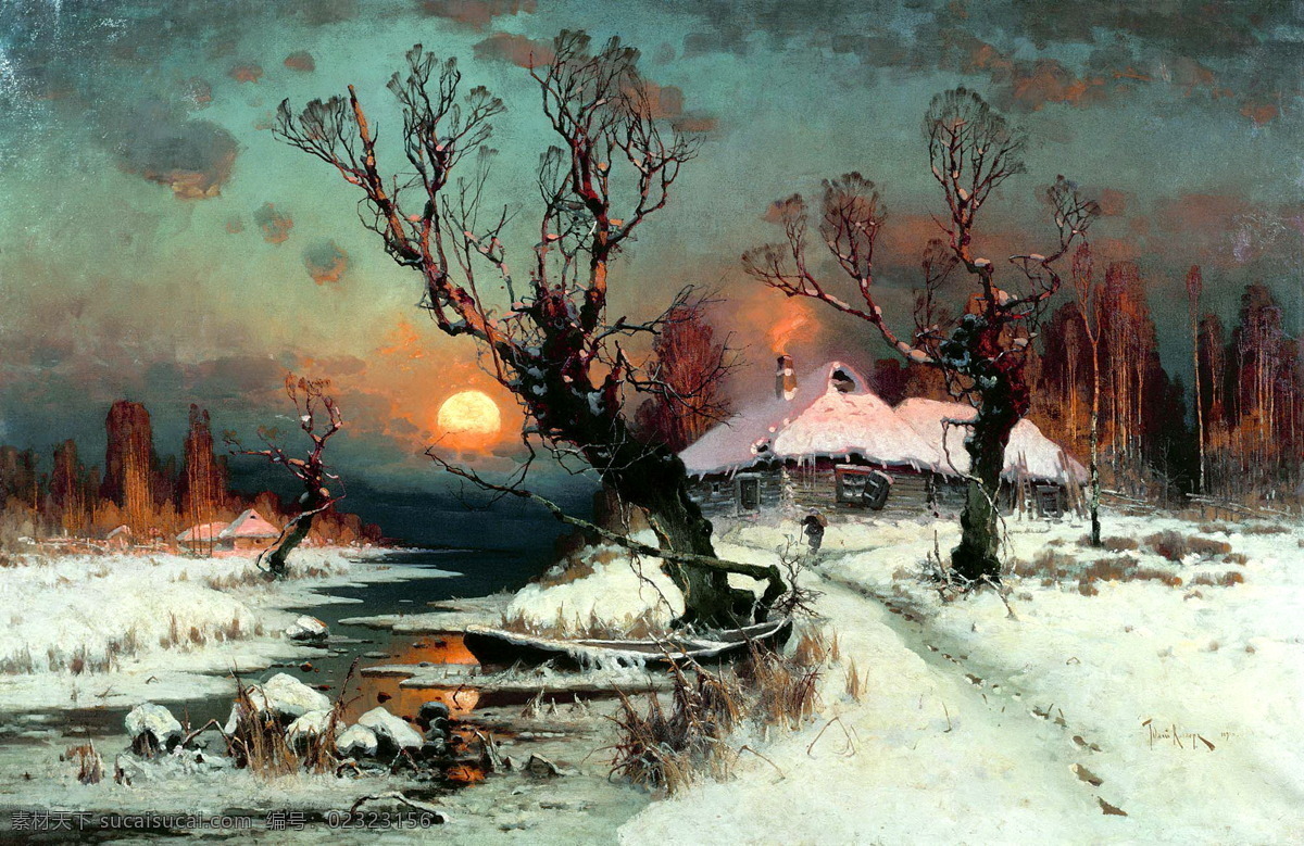 纯手绘油画 风景油画 高清 绘画 绘画书法 树林 树木 雪景 油画 设计素材 模板下载 雪景油画 文化艺术