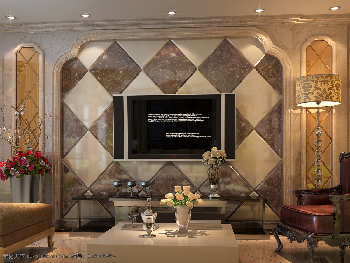 室内设计 背景墙 石材 效果图 3d 客厅 电视机 花卉 3d作品 3d设计