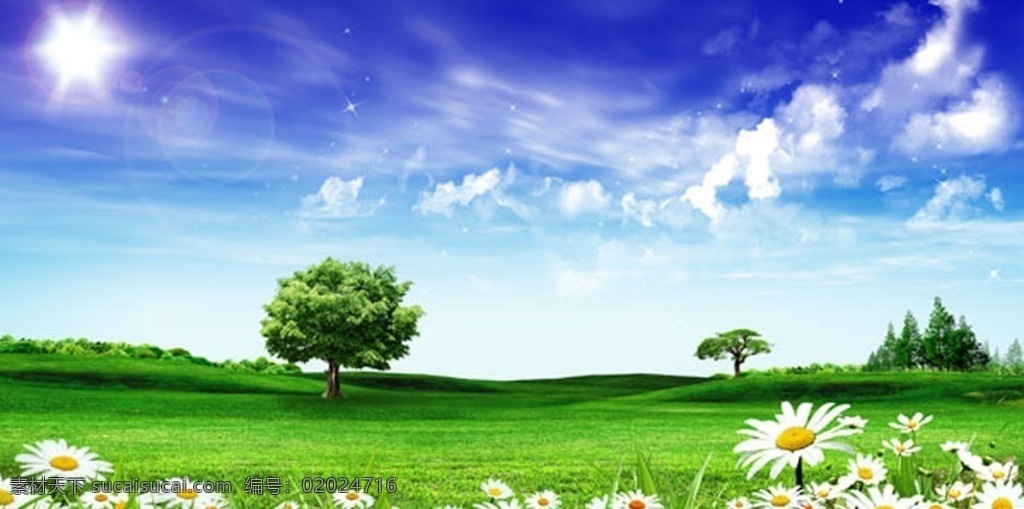 绿色大地 花 草 树木 蓝天 白云