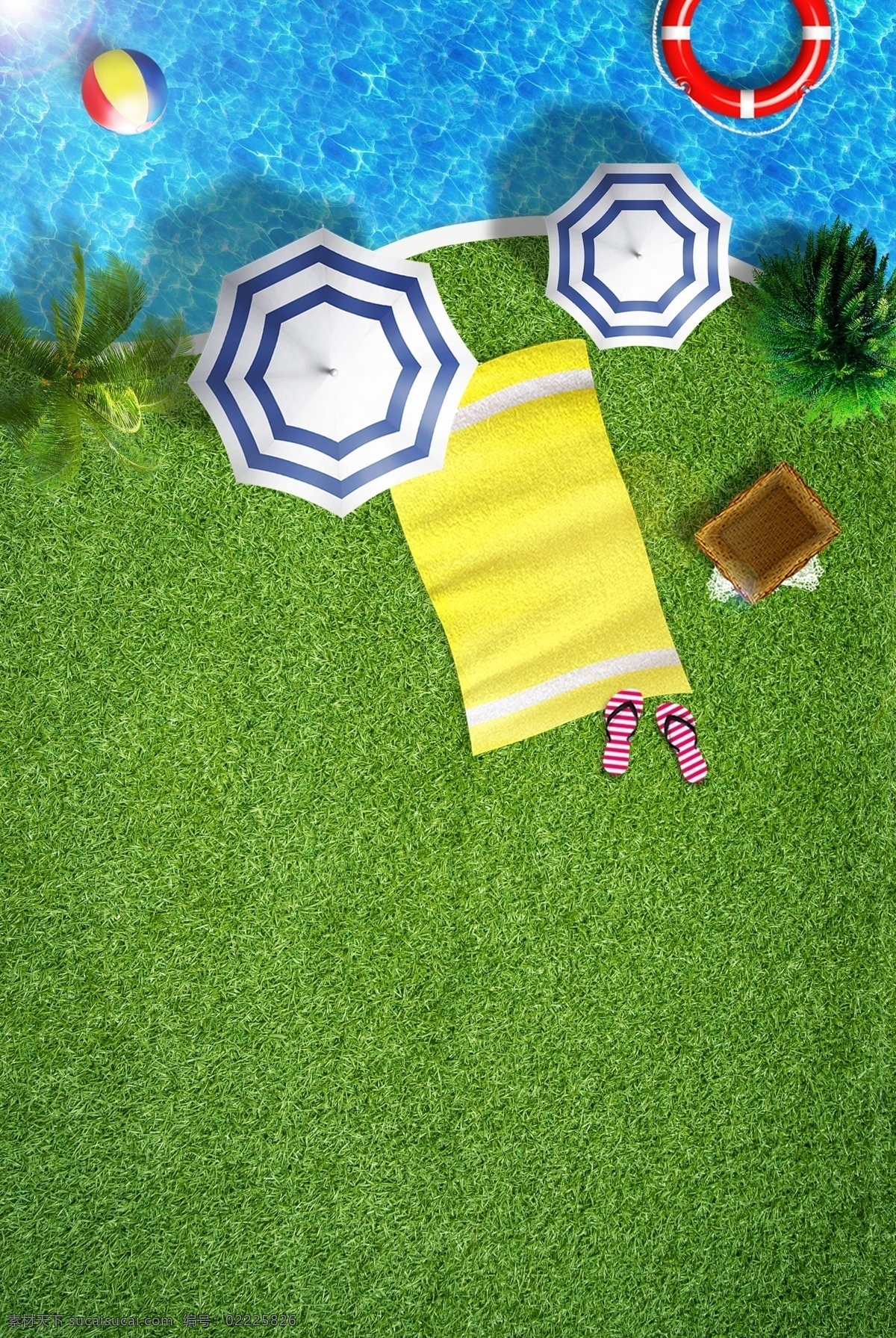 简约 夏日 泳池 海报 绿草皮 促销 宣传 广告 背景