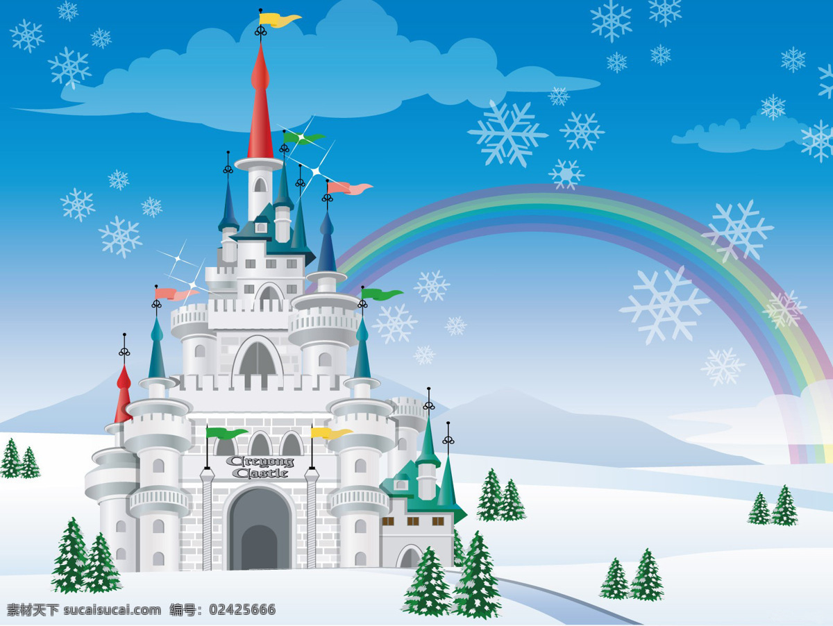 梦幻城堡 雪地 城堡 彩虹 雪花 松树 自然景观 自然风光 设计图库