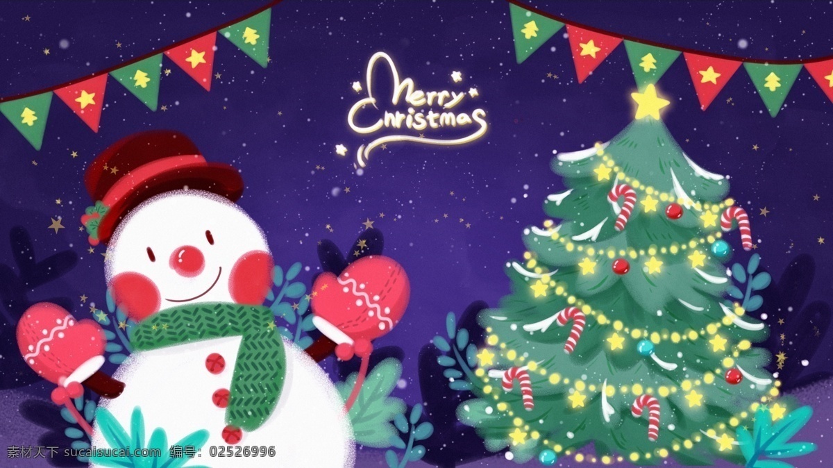 圣诞节 主题 插画 雪人 圣诞树 冬季 星星 可爱 原创 节日 彩旗 夜晚 围巾 手套 卡通 涂鸦 植物 贴图 手绘 儿童 童趣
