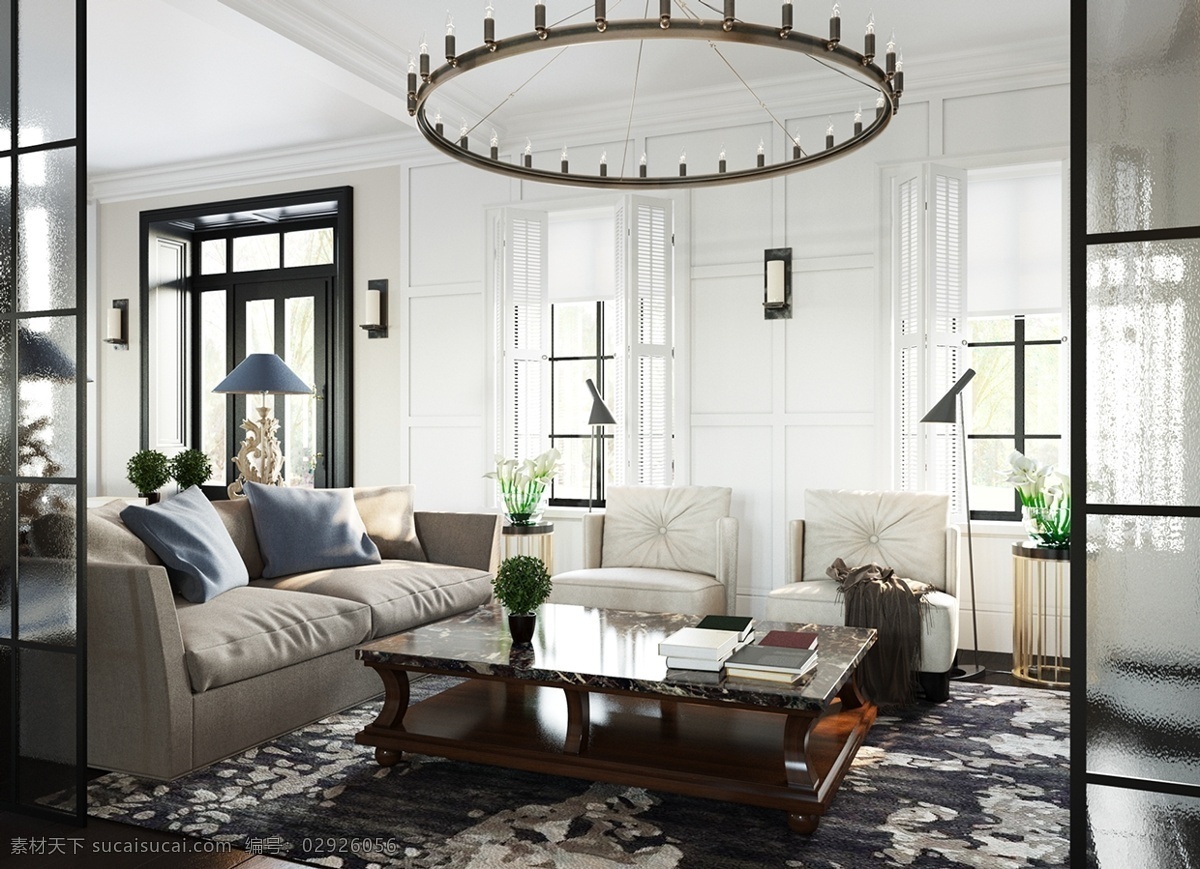 现代 风 客厅 地毯 效果图 白色调 茶几 吊灯 落地窗 沙发 现代风