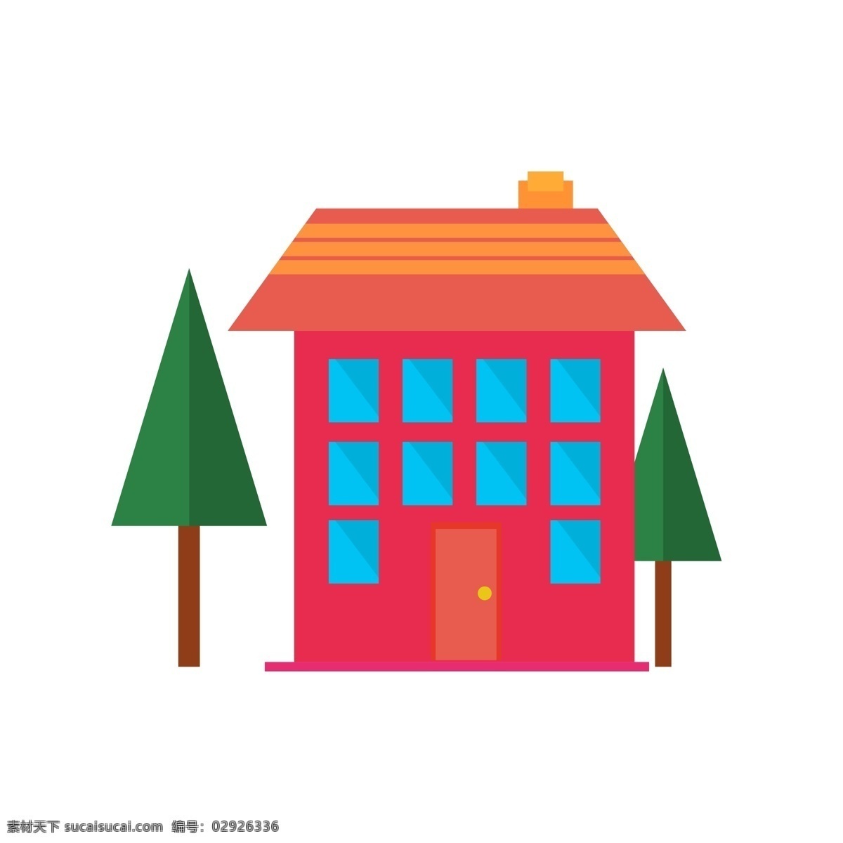 红色 简约 房子 插图 绿色小树 植物树木 红色房子 简约的房子 一座房子 黄色烟筒 房子插画