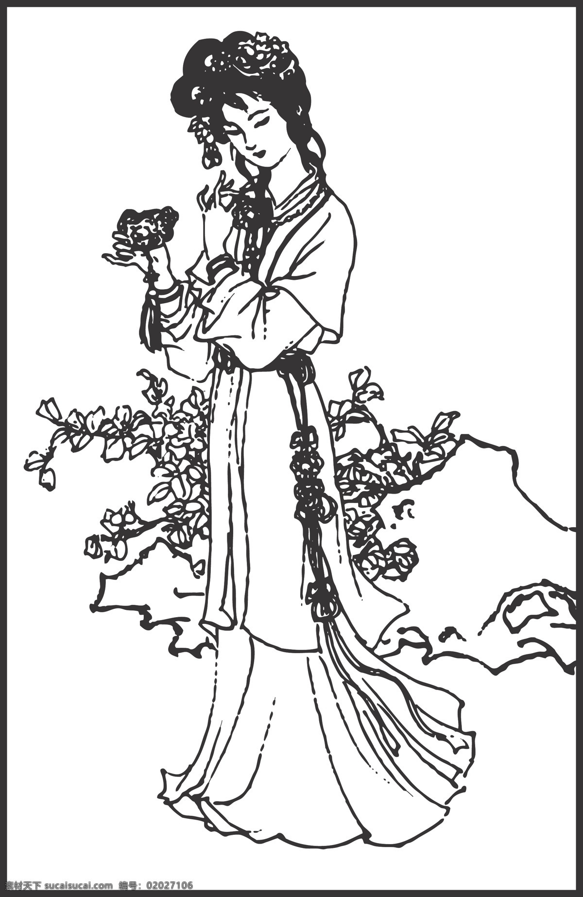 湘云 十二钗 人物 女子 红楼梦 芍药 植物 花卉 观赏 线条 矢量 装饰 插画 白描 人物图库 女性妇女