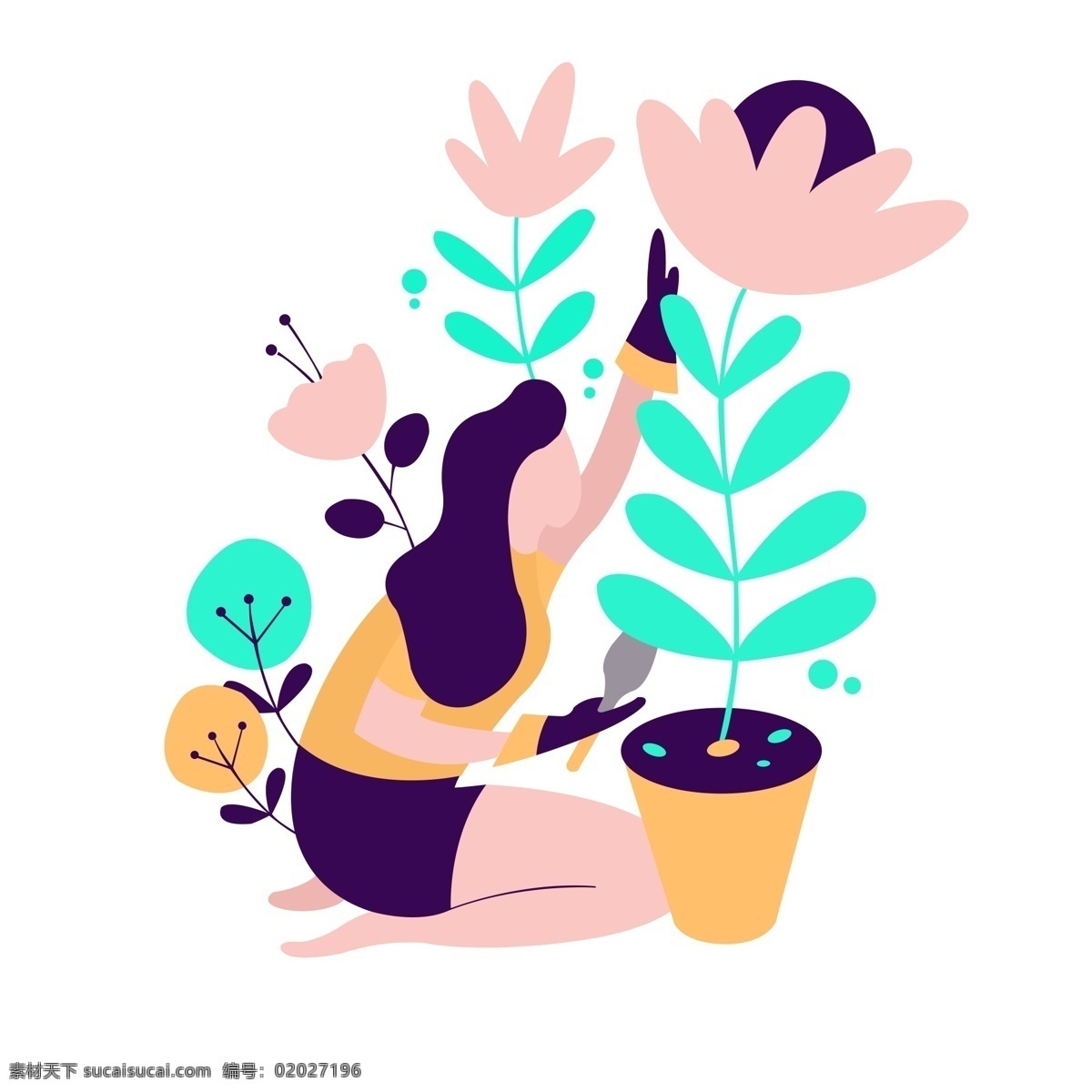 种花 少女 矢量 扁平化 无脸的 种花的少女 矢量图 女人 可爱的 插画 绘画 绿色的 花盆 鲜花