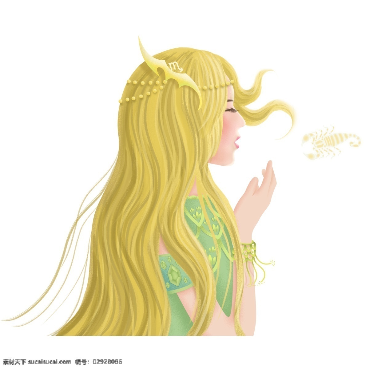 梦幻 唯美 天蝎座 女生 金发 女孩 少女 侧面 手绘 半身图 人物设计