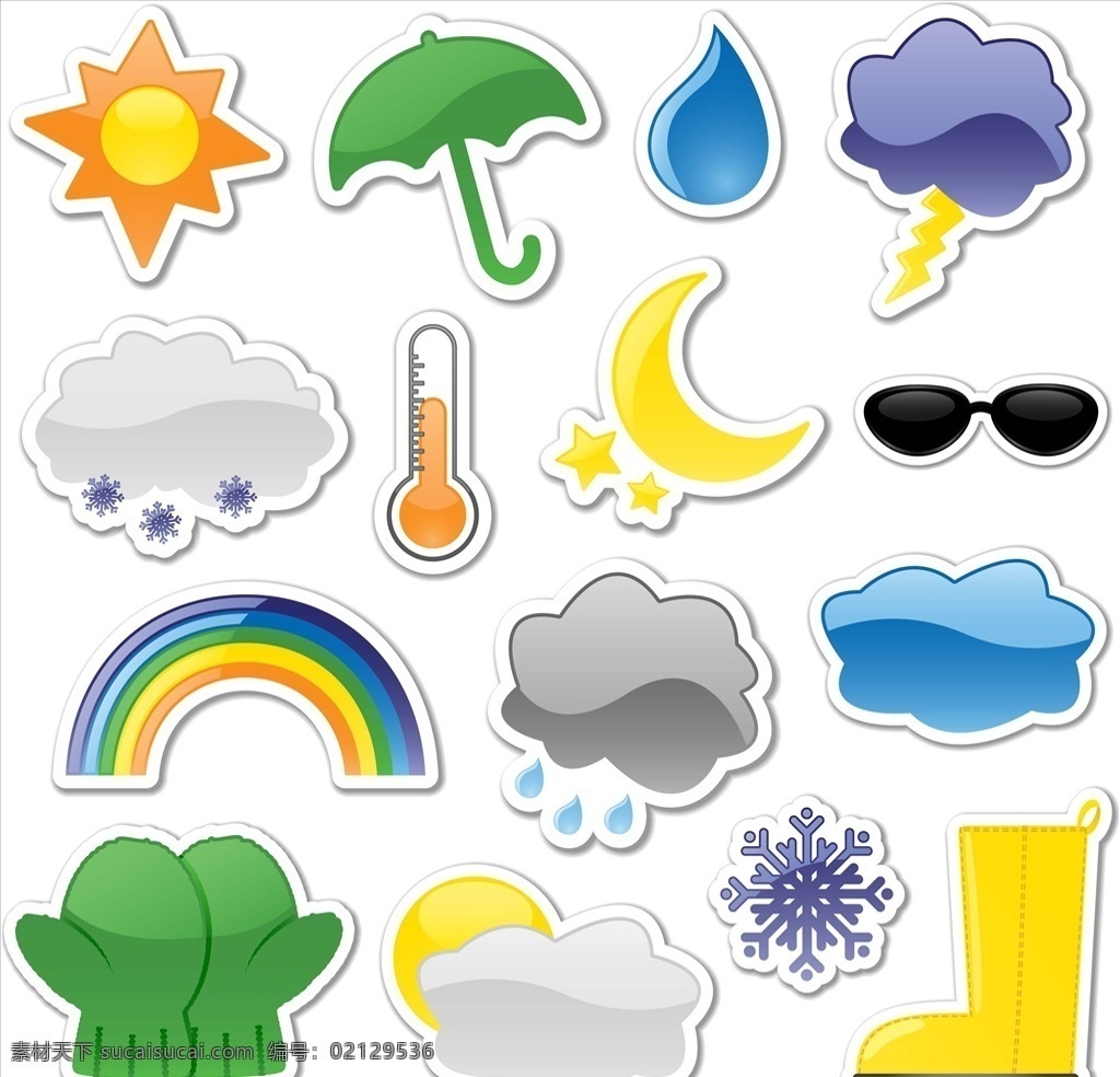 矢量 气象 天气 元素 太阳 雨伞 水滴 月亮 彩虹 云朵 阴天 小雨 温度计 靴子 图标